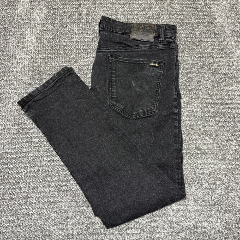 Volcom Mens Vorta Slim Straight Jeans 38x30 Faded‎ Black Denim Pants